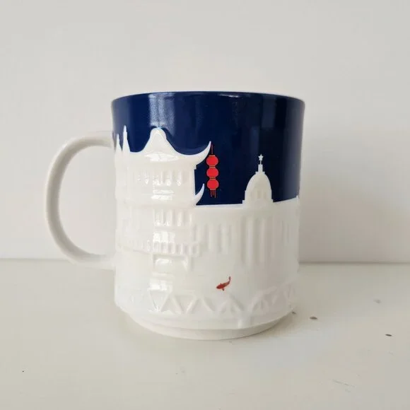 NIB STARBUCKS Shanghai Skyline Relief 3D White Blue Coffee Mug Cup 16floz/473ml - Picture 4 of 9